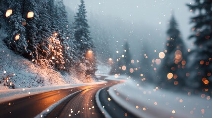 Winding Snowy Road Through a Glowing Forest with Bokeh Lights in a Winter Wonderland