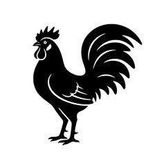 A clean vector illustration of a rooster silhouette with curved tail feather details.