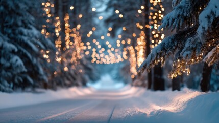 Magical Winter Road Illuminated by Bokeh Lights through Trees in a Snowy Landscape