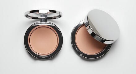 Two Open Makeup Compacts with Beige Powder on White Background