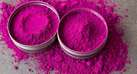 Two metal containers with bright pink powder and spilled powder on a surface