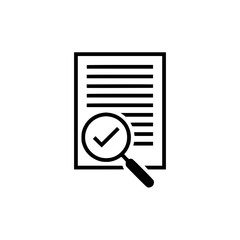 Document Verification Icon with Magnifying Glass and Check Mark.