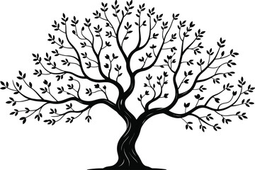 Obraz premium A black silhouette of a tree with many branches and leaves isolated on white background.