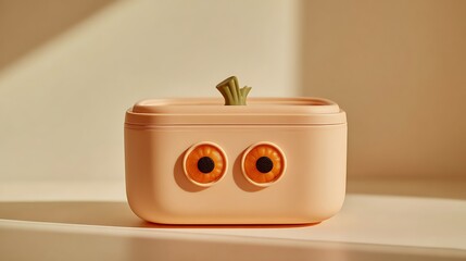 Adorable peach colored storage container designed to look like a cute cartoon pumpkin with playful eyes and a green stem accent providing whimsical desktop organization