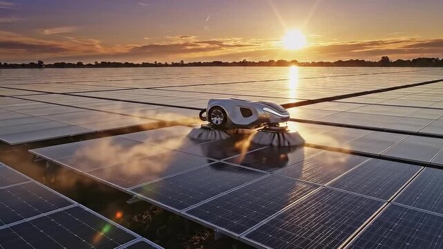 Automated Cleaning System on Solar Panel Array at Golden Sunset Reflecting Sunlight and Sky on Clean Panels Providing Renewable Energy and Sustainable Power Solutions Technology in Action