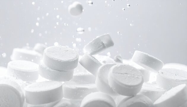 Close-up of white pills falling into water, creating a dynamic and visually appealing scene.