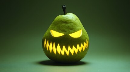 Creative miniature halloween pear carved with an evil glowing face sits alone on a dark green moody surface perfect for holiday concepts