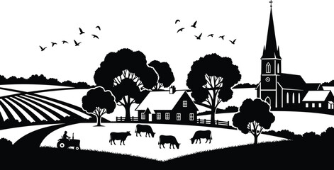 Rural countryside farm landscape silhouette with church cows trees fields birds peaceful village agriculture scene vector illustration black white design © Afsana Creatives