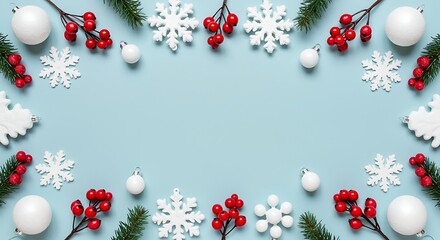 White snowflakes and red berries on a light blue background with white Christmas ornaments