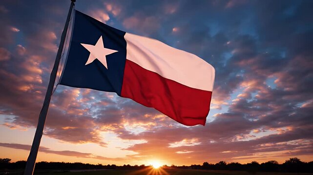Texas state flag waving at sunset sky background, symbolic of freedom and pride