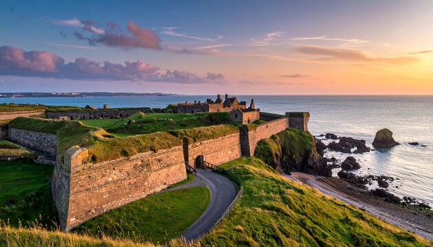 Coastal Fortress at Sunset - A Majestic View of History and Nature.