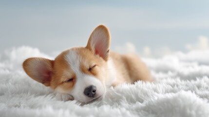 Adorable puppy corgi peacefully sleeping on a fluffy white blanket in a serene and cozy environment.