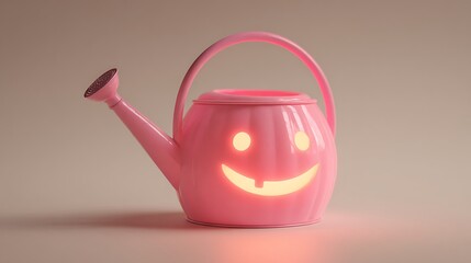 A cheerful glowing pink plastic watering can designed like a cute jack o lantern sits isolated against a soft neutral studio background representing holiday fun and gardening