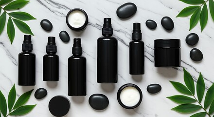 Black cosmetic bottles and jars with black stones and green leaves on a white marble surface