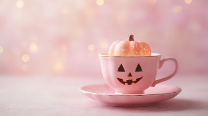 Adorable pink ceramic teacup featuring a whimsical jack o' lantern face holding a sparkling miniature pumpkin against a soft pastel background perfect for fall decor concepts
