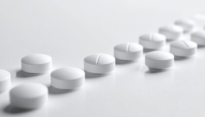 Close-up of White Pills Lined Up on a White Surface, Pharmaceutical Concept.
