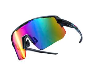 Sports sunglasses with vibrant rainbow lenses, black frame, on a black backdrop