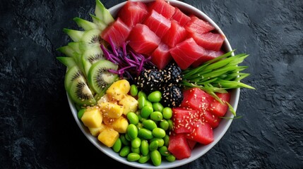 Fresh Tuna Poke Bowl with Edamame, Kiwi, and Watermelon for a Balanced Healthy Meal