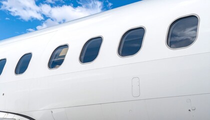 Close-up view of a white airplane fuselage with multiple windows against a blue sky.