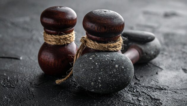 Close-up shot of three dark brown decorative objects with rope tied around the middle.