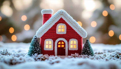 Cozy knitted red crochet Christmas house with pine trees in snow and bokeh lights