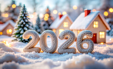 Knitted 2026 numbers with snowy Christmas village and fairy lights.