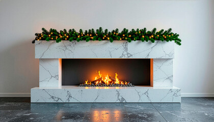 Modern marble fireplace with green garland lights and cozy fire