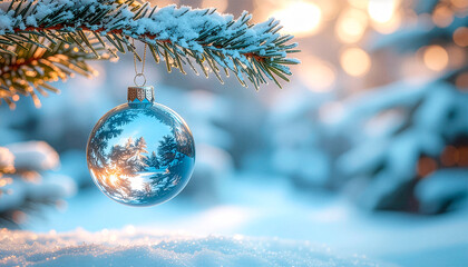 blue glass Christmas bauble reflecting snowy pine trees with sunlight bokeh