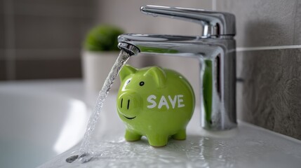 Green Piggy Bank by Sink with Water Flowing for Conservation and Savings Concept