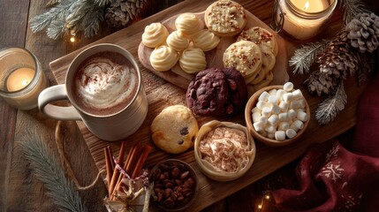 Cozy Holiday Snack Setup with Assorted Cookies and Hot Chocolate on Rustic Wooden Table with Holiday Decor