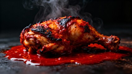 Cinematic food photo of rica-rica chicken with fiery red sauce, dark background.