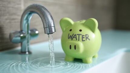 Creative Concept of Water Conservation with Green Piggy Bank by Sink Highlighting Environmental Awareness