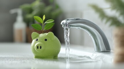 Eco-Friendly Savings Concept with Green Piggy Bank and Water Faucet in a Modern Indoor Setting
