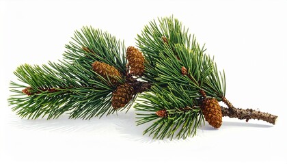Close-up shot of a vibrant green pine branch with several brown pine cones, isolated on white.