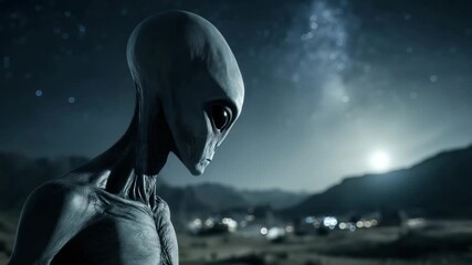 A tall humanoid alien appears in a dimly lit desert landscape. Its gray skin and large black eyes are visible against a starry sky. The night is quiet as it observes the surroundings