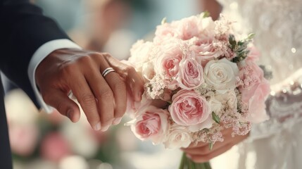 Elegant Couple Holding Hands Close Up with Visible Rings and Beautiful Floral Bouquet in Soft Light Setting