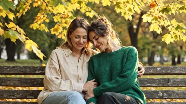 lesbian couple embracing on park bench in autumn.