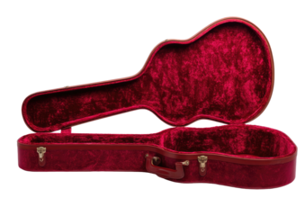 Open plush guitar case in dark red, showing interior shape against black background