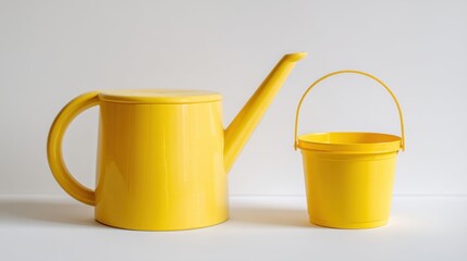 Bright Yellow Watering Can and Bucket Set on Clean White Background for Summer Fun and Playful Activities