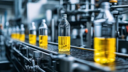 Flowing Yellow Liquid Oil in Bottles on Industrial Bottling Line in Motion