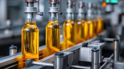 Bottling Line Process with Flowing Golden Liquid in Industrial Setting Showing Precision and Efficiency
