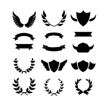 Collection of vector heraldic elements including laurel wreaths shields wings and ribbons perfect for creating logos or designs . elegant laurel wreaths, shields, wings, and ribbon vector set