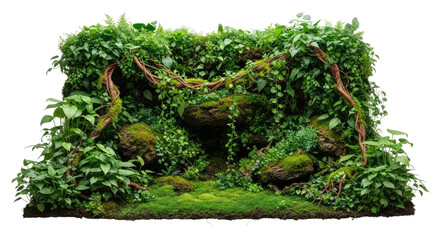 A lush, green, moss-covered rock garden with various plants and vines, set png transparent