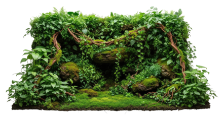 A lush, green, moss-covered rock garden with various plants and vines, set png transparent