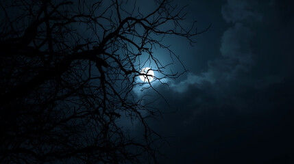 A dark, cinematic night scene features a full moon behind drifting clouds, with twisted, leafless tree branches in sharp silhouette. The deep blue sky, misty fog, and soft moonlight rays create an eer