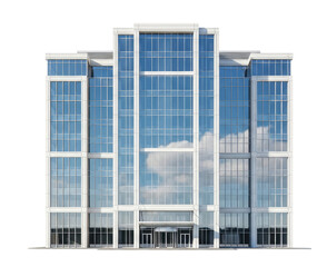 A modern office building with glass windows and a blue sky in the background.