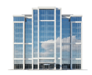 A modern office building with glass windows and a blue sky in the background.