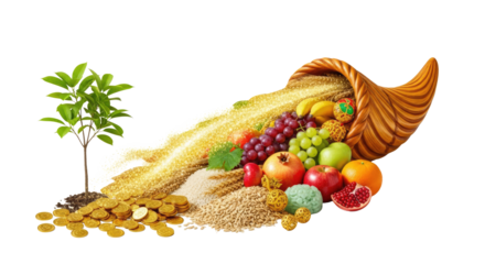 A wooden cornucopia overflowing with fruits and grains, with a young tree growing from the grains.