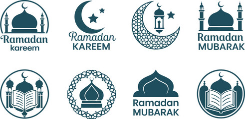 Collection of islamic ramadan kareem and ramadan mubarak symbols and icons on white background Vector illustration