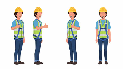A cartoon illustration of a male construction worker in various poses, wearing a hard hat, safety vest, and harness, giving a thumbs-up.